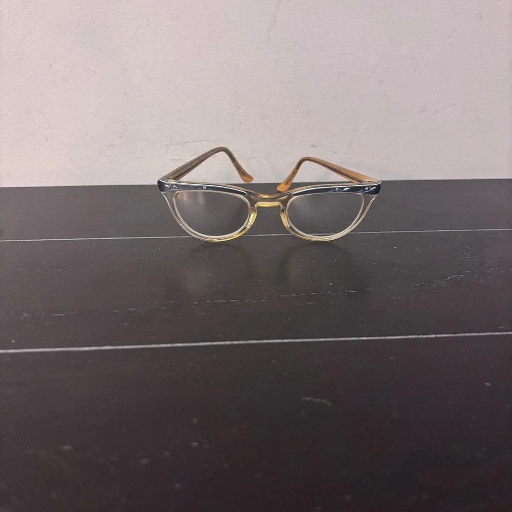 Vintage Shuron‎ Cat Eye FRAMES 5 1/4 US Grey Aluminum Brow Rhinestone Amber 50s